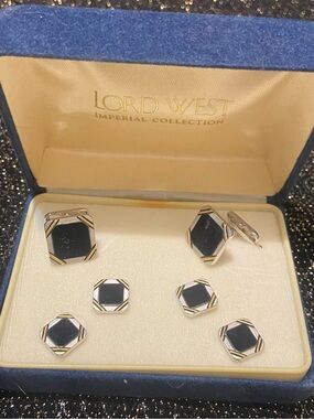 New Vintage Black and Gold Octagonal Cufflinks & Studs Set